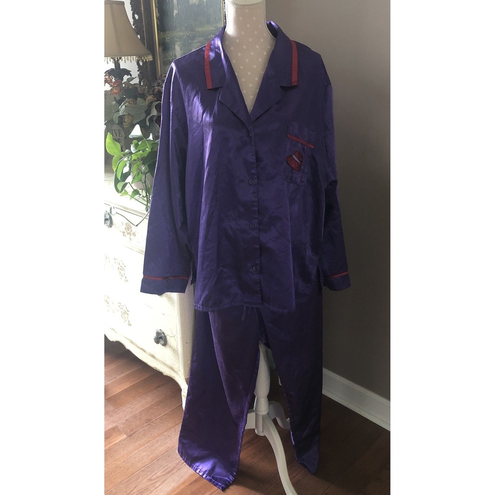 Vintage Red Hat Society Pajamas 2 Piece Satin Embroidered Hat Kathryn Women XL